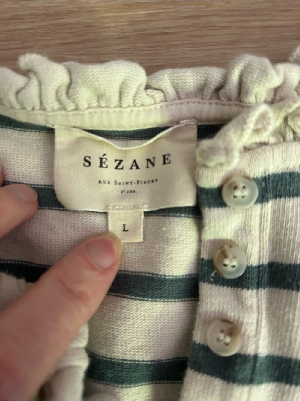 Sezane Cream and Green Striped Ruffle Henley - Picture 2 of 2
